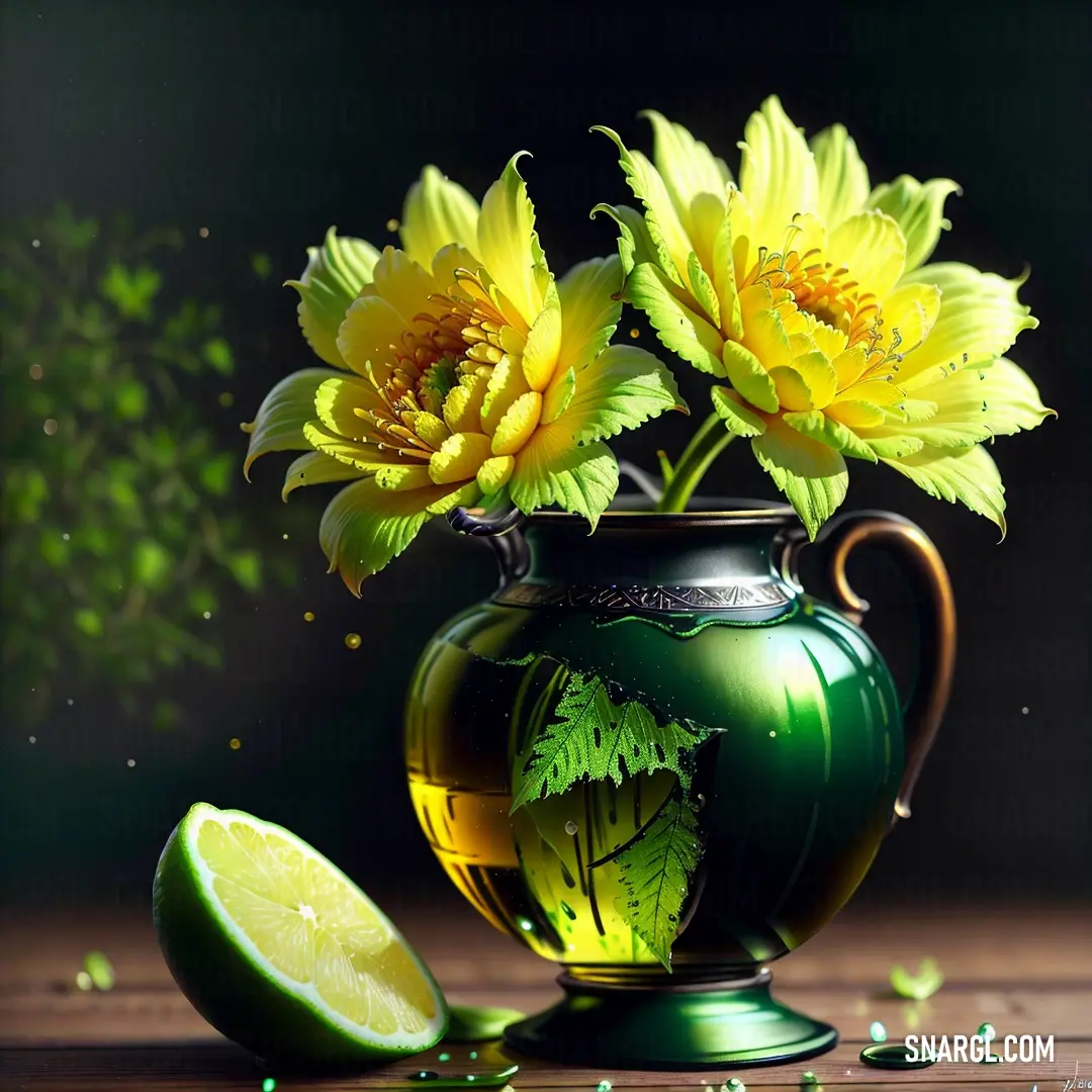 Green vase with yellow flowers and a lime slice on a table with green leaves and water droplets around it