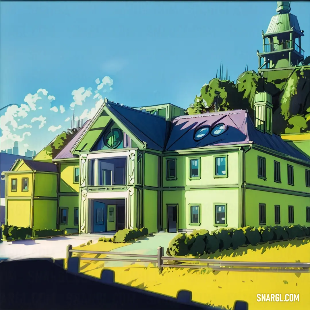 Green house with a tower and a clock on top of it's roof and a green lawn. Example of CMYK 32,0,82,0 color.