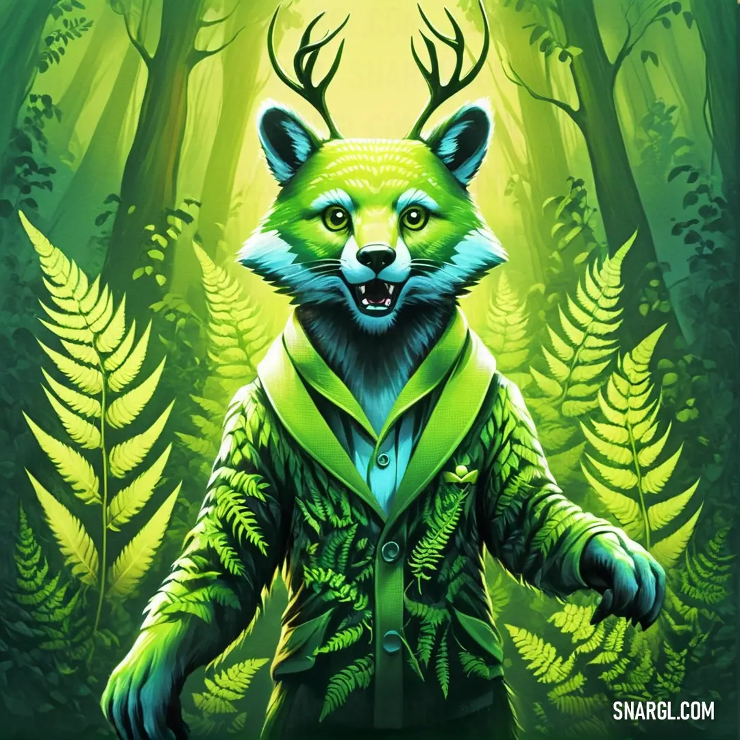 Painting of a green fox in a forest with trees and ferns on it's back ground. Example of #ADFF2F color.