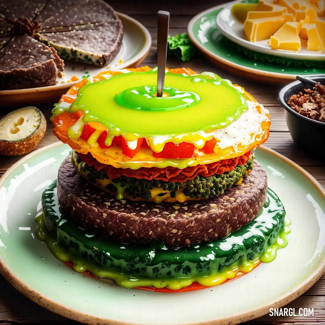 Stack of food on a plate on a table with other plates and bowls of food in the background. Color #ADFF2F.