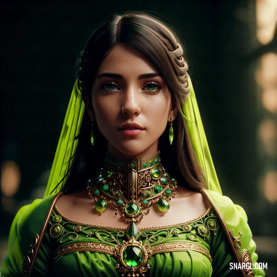 Woman in a green dress with a green head piece and a green veil on her head. Color #ADFF2F.