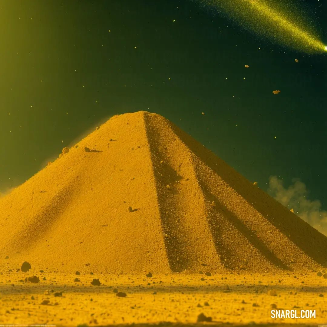 Large pyramid in the middle of a desert with a shooting star in the sky above it and a green background