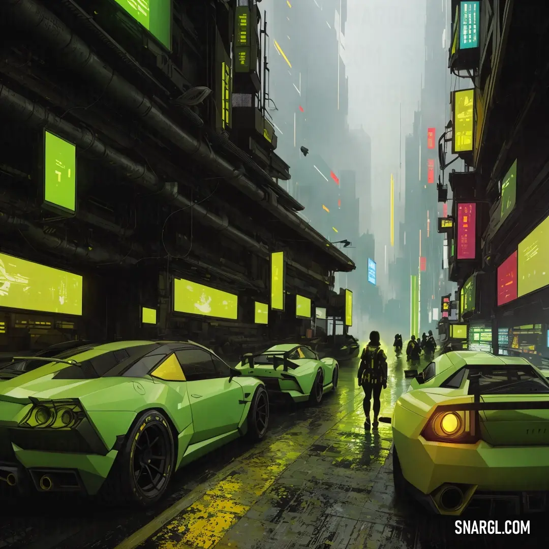 Man walking down a street next to a green sports car in a city at night time with neon lights