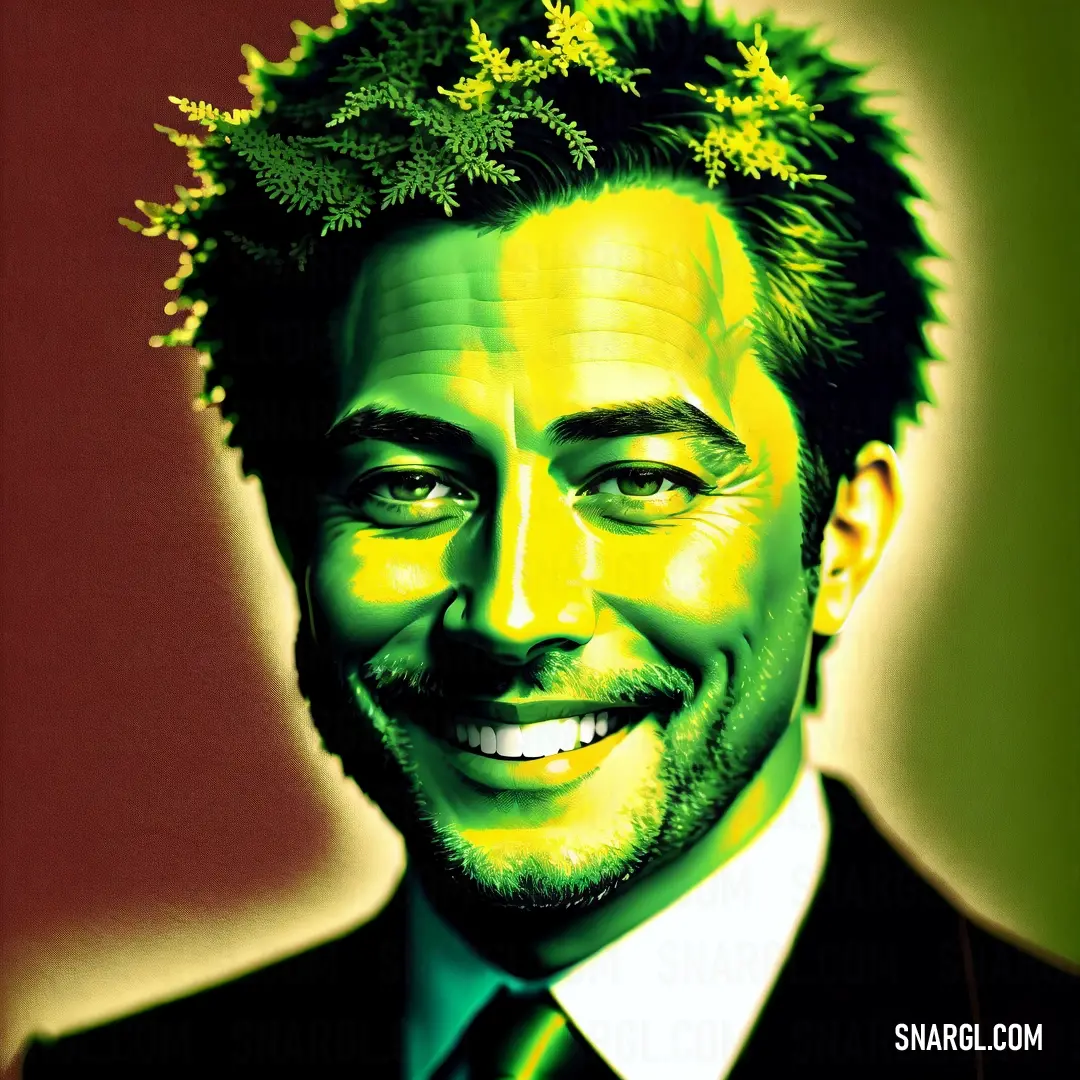 Green-Yellow color. Man with a green crown on his head smiling for a picture in a green and red background