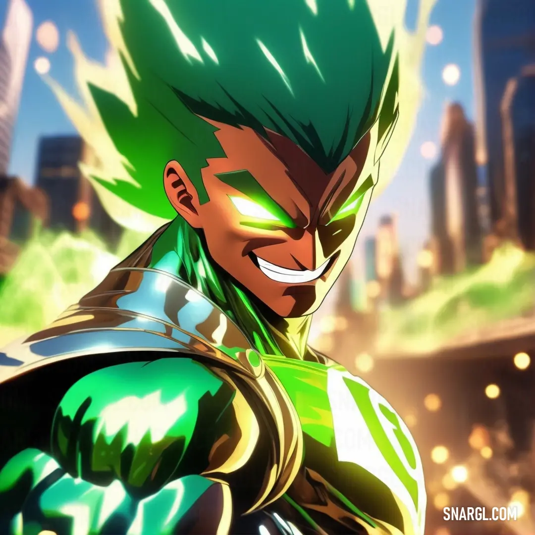 Man with green hair and a green suit in a city setting with lights on the buildings. Color Green-Yellow.