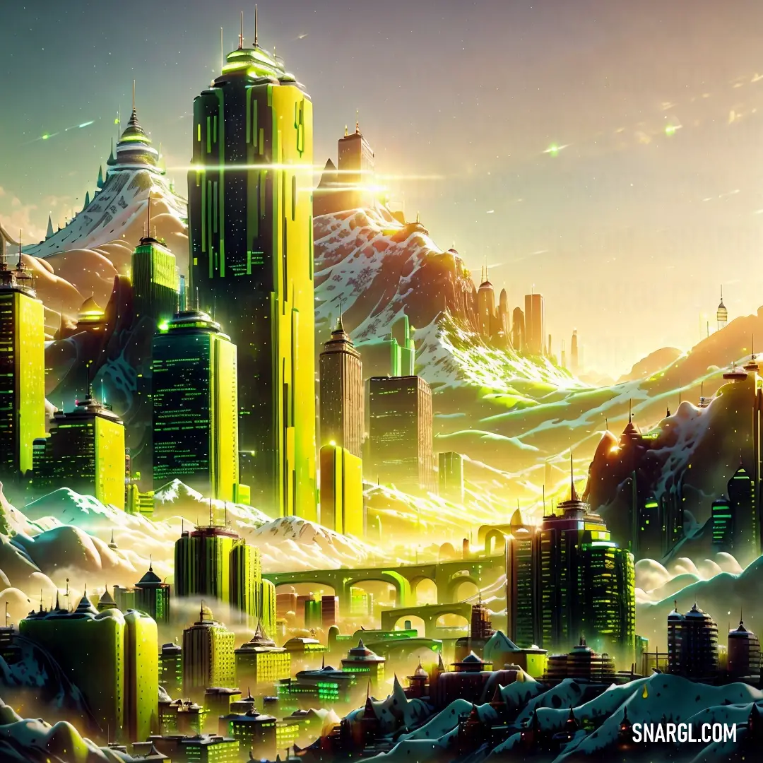 Painting of a city with a mountain in the background and a sky line in the foreground with a bright yellow light