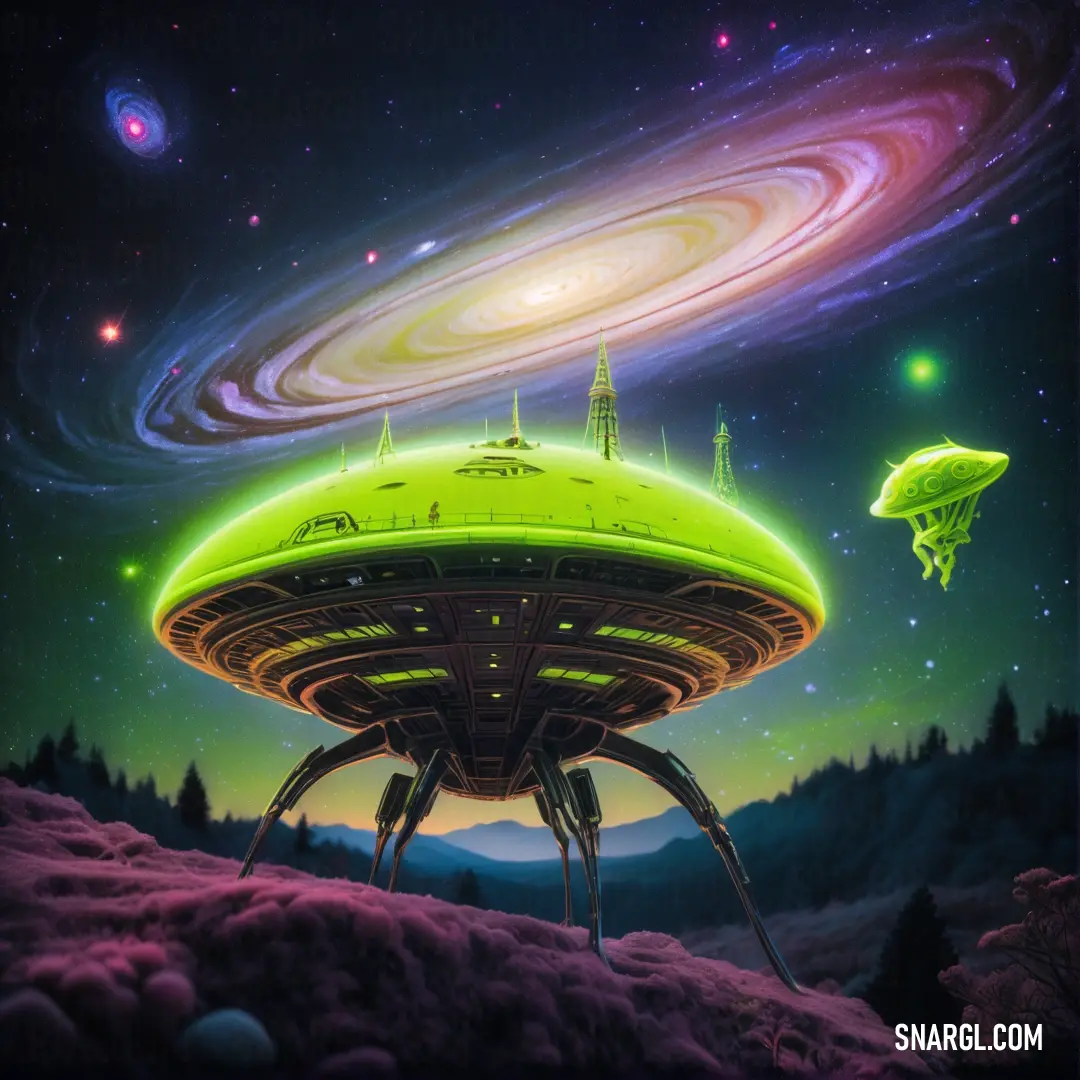 Green-Yellow color. Painting of a green alien ship floating in space with a distant galaxy in the background