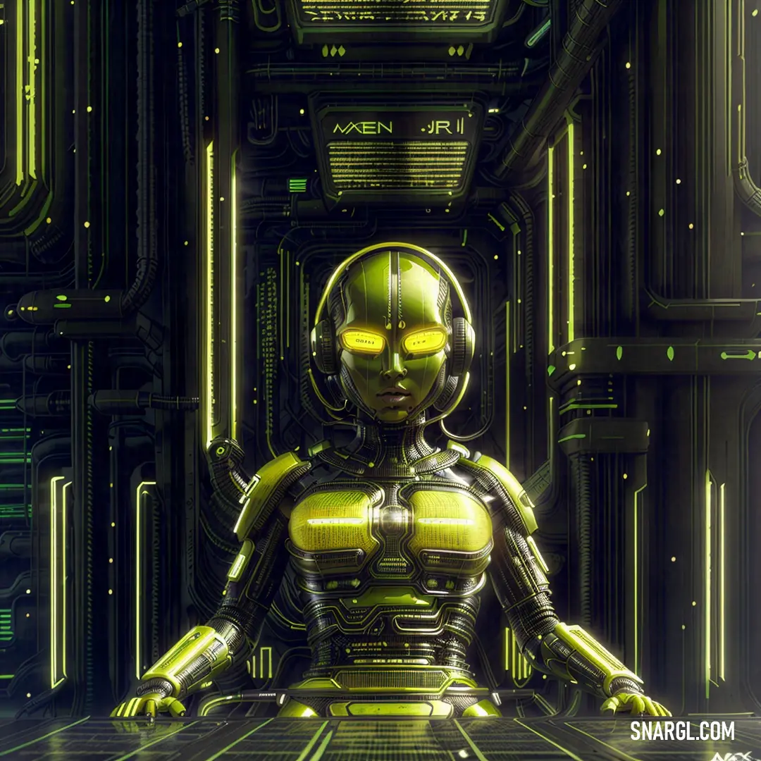 Robot in a room with a lot of yellow lights on it's face and chest