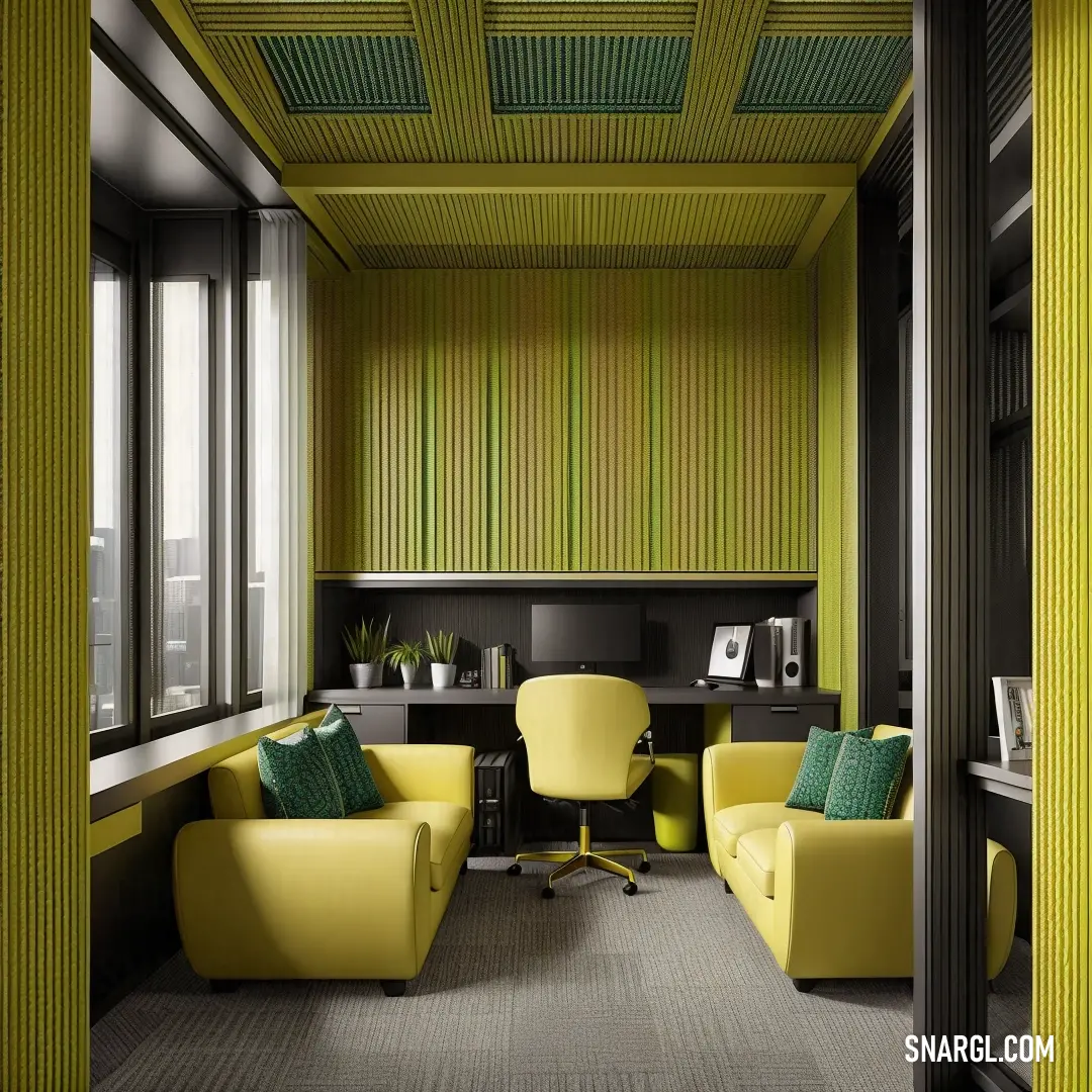 Room with a yellow chair and two yellow chairs and a desk with a computer on it