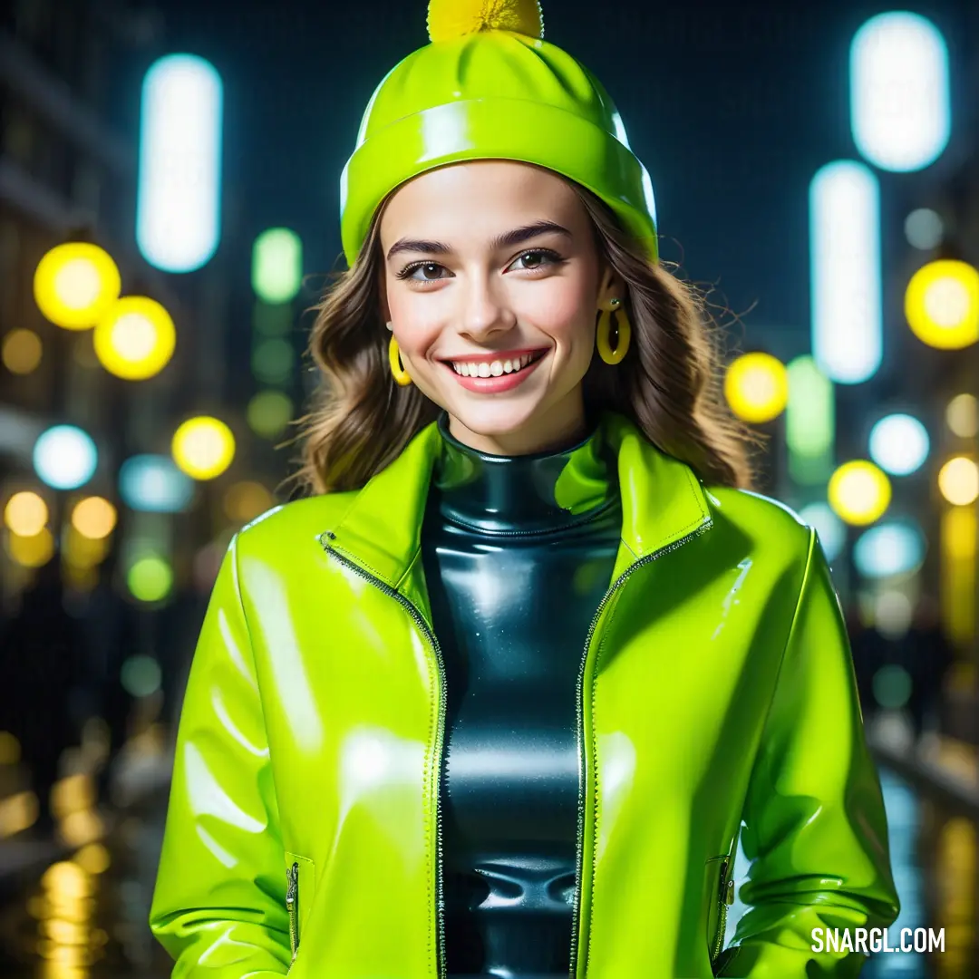 Woman in a green jacket and hat posing for a picture in the street at night time with lights in the background