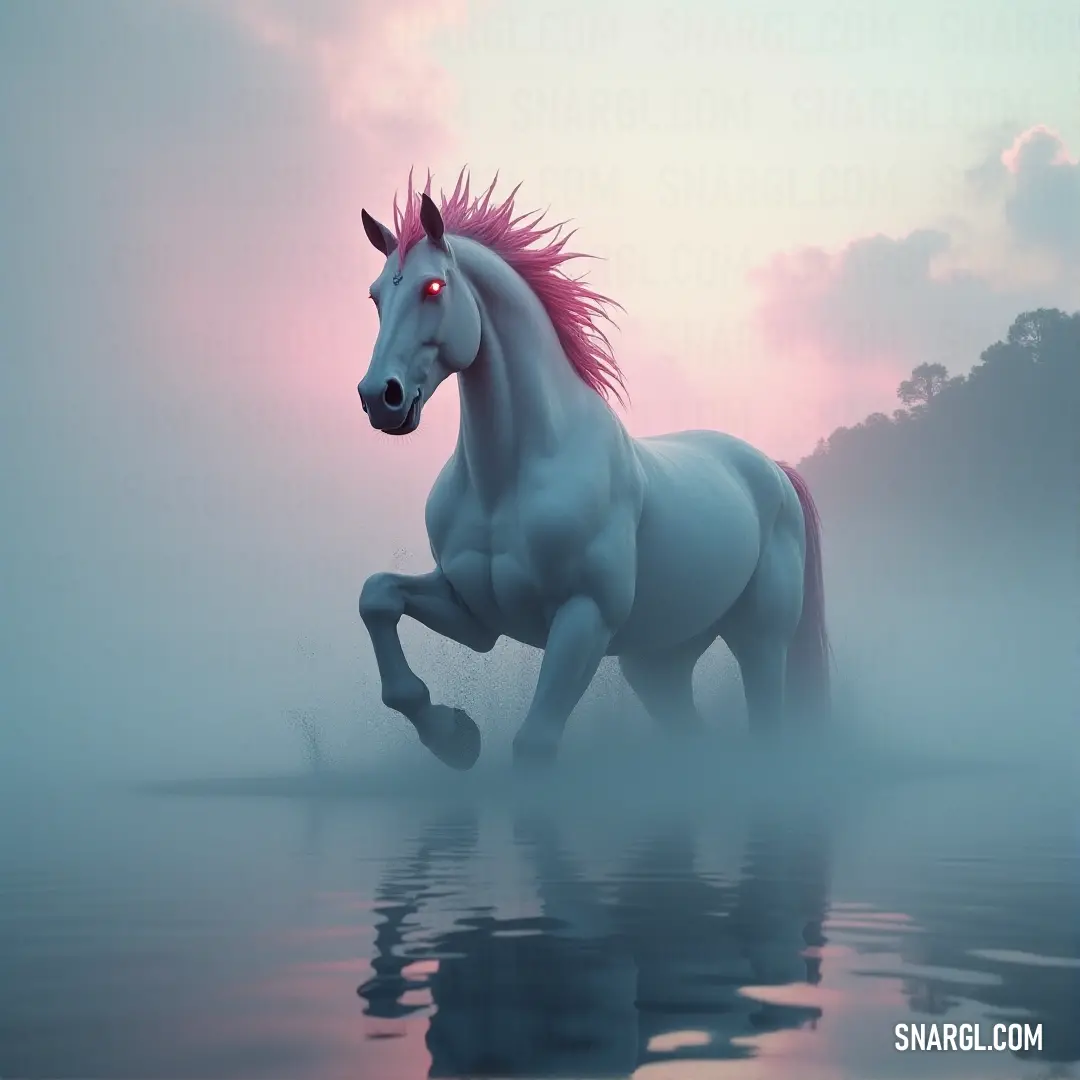 A white horse with pink manes running through water at sunset, with a backdrop of trees and clouds. A white horse with pink manes runs through the shallow water at dawn or sunset, the colors of the sky and clouds blending with the tranquil waters and trees in the background.