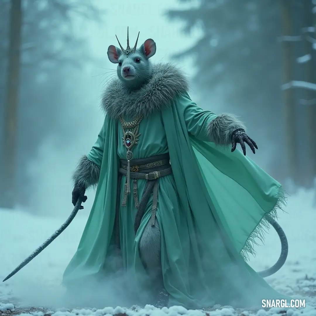 Grek in a green outfit with a horned helmet, holding a sword in the snow. Grek, wearing a green outfit and horned helmet, stands stoically in the snow. He grips his sword, prepared for whatever the cold world throws his way.