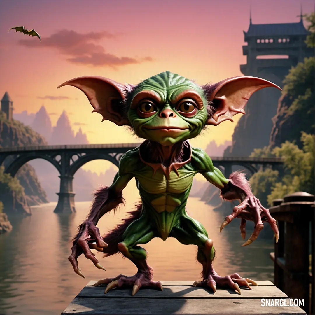 Gremlin is standing on a dock in front of a bridge and a bridge