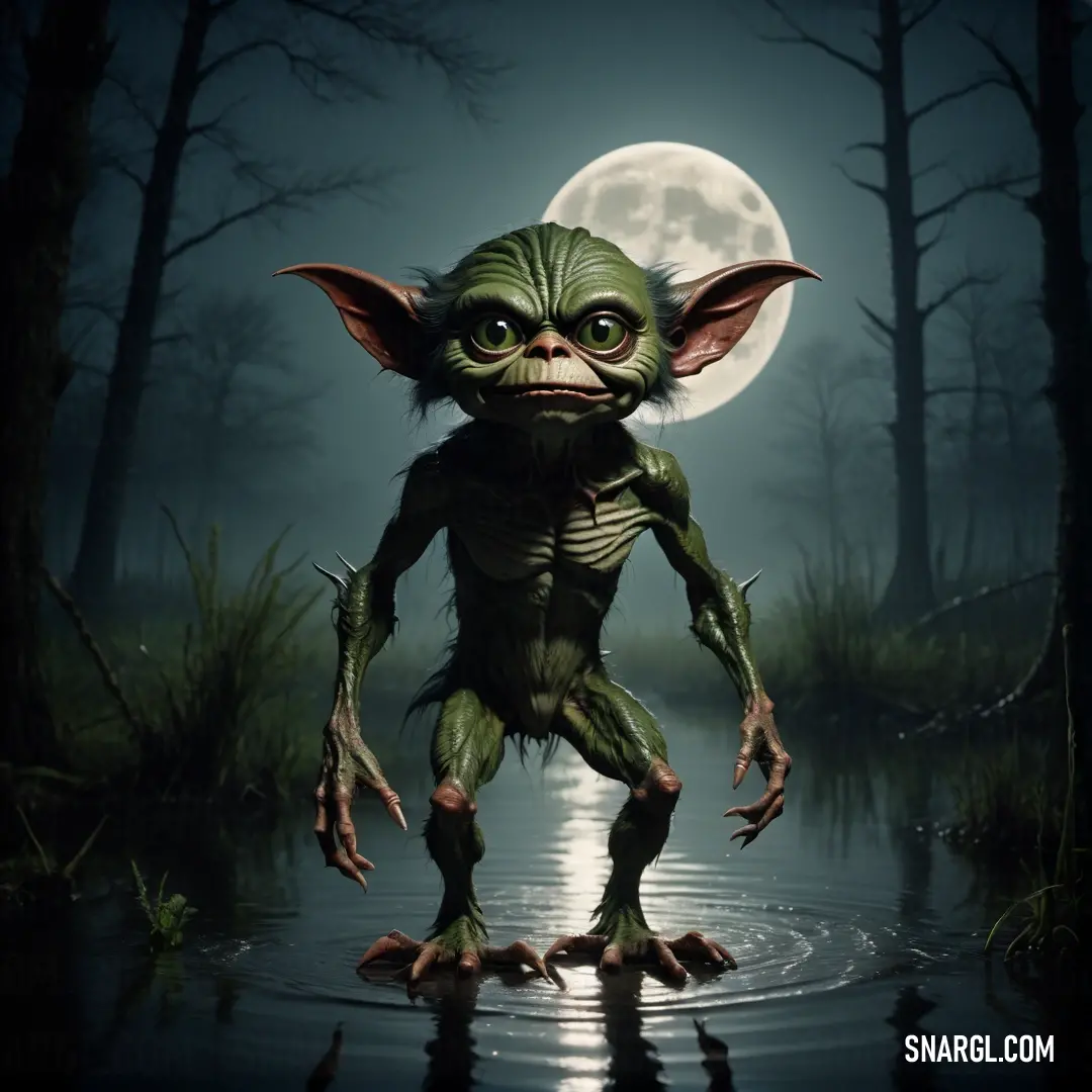 Creature with a creepy look on its face standing in the water with a full moon in the background