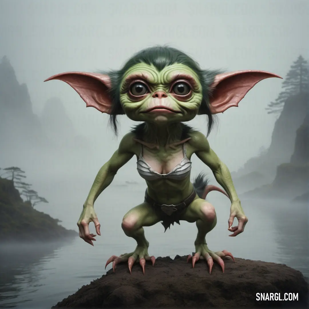 Gremlin girl with a very large nose and big eyes standing on a rock in the water with its arms outstretched
