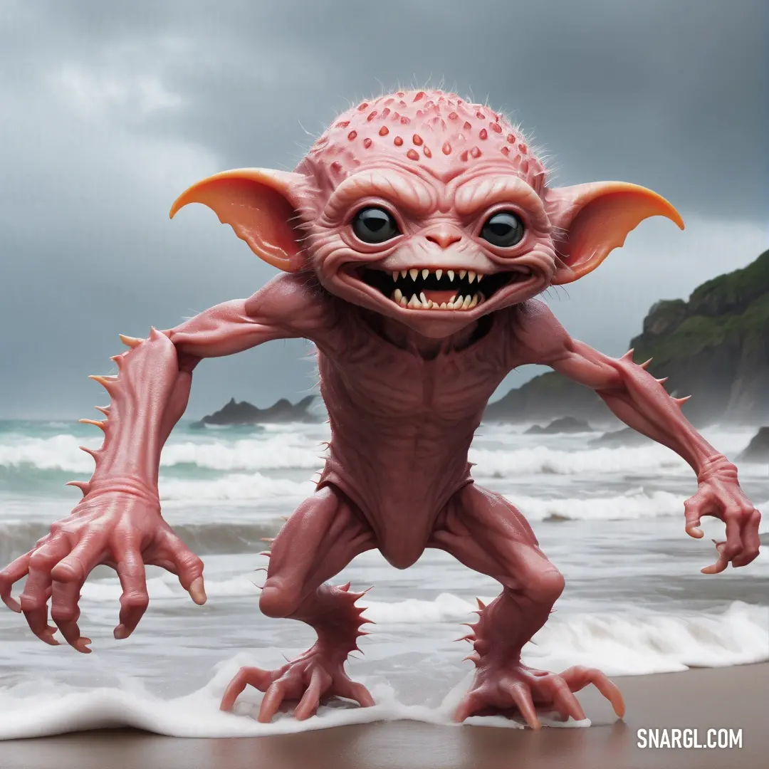 Gremlin with big eyes and a big mouth on a beach near the ocean with waves crashing in the background