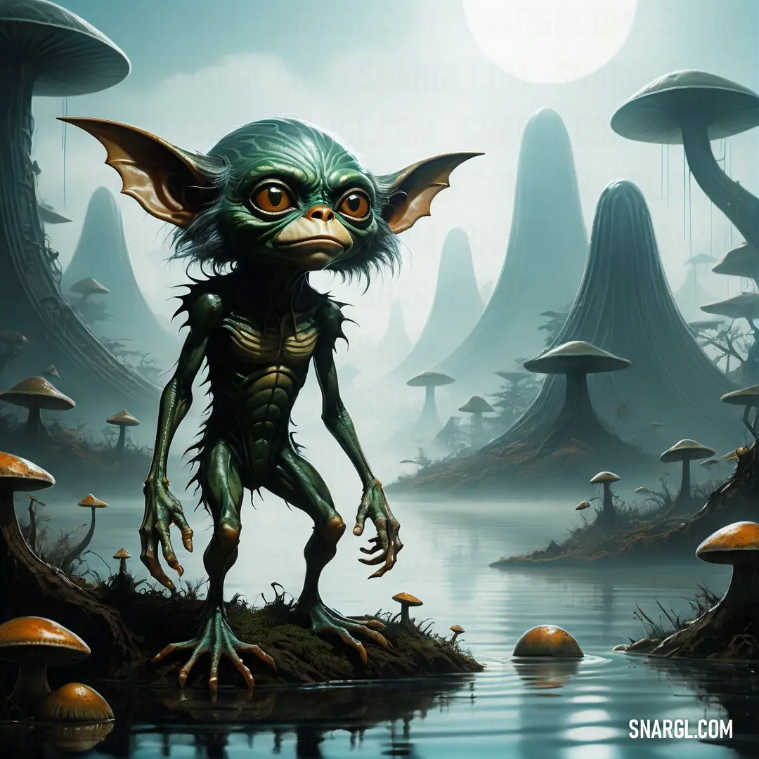 Painting of a Gremlin standing in a swampy area with mushrooms