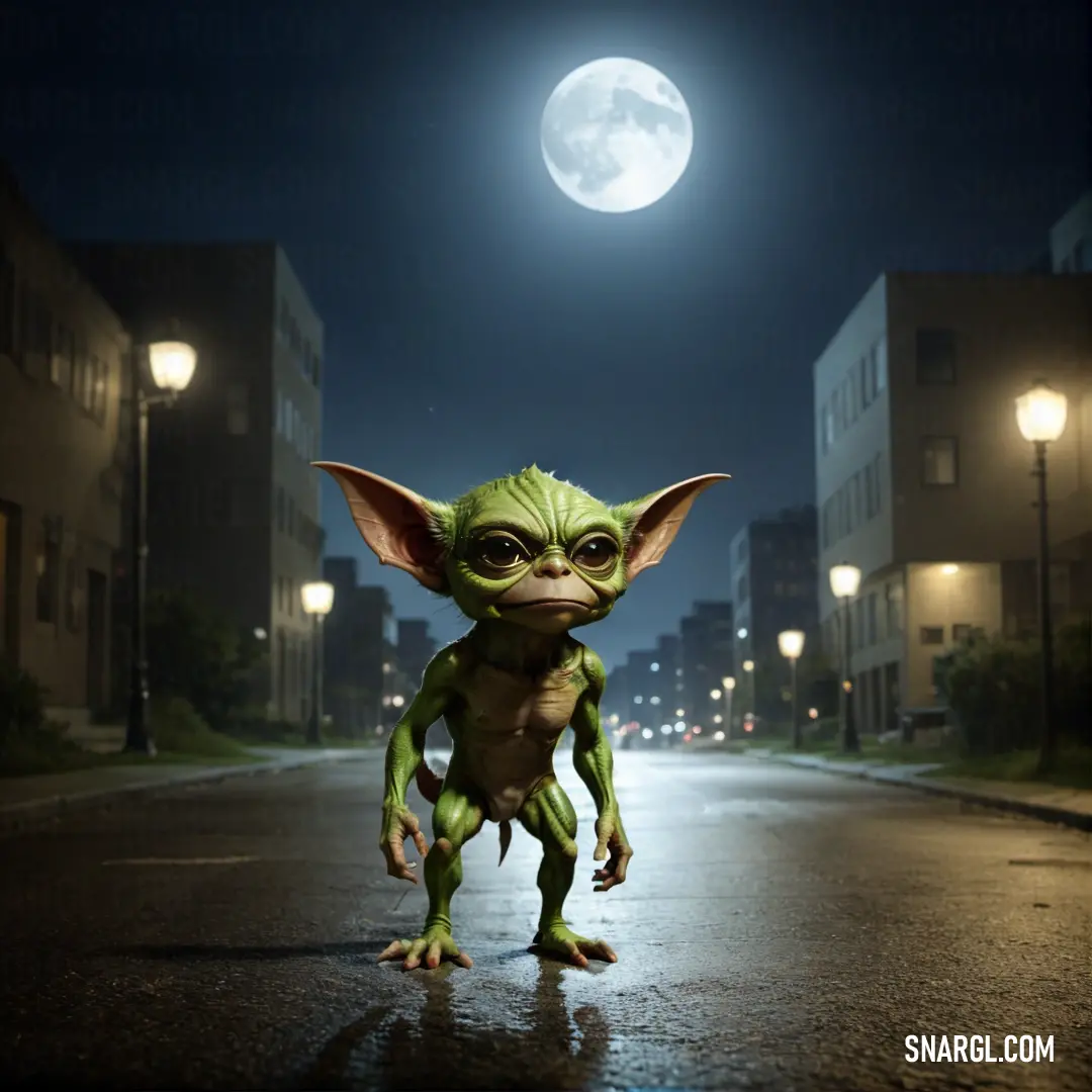 Small Gremlin is standing on a street at night with a full moon in the background and a building with a light on