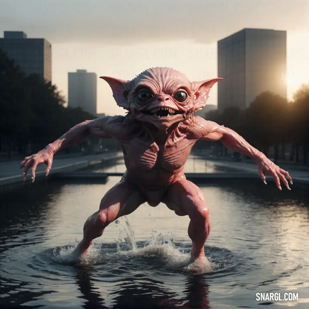 Strange Gremlin is standing in the water in front of a cityscape with skyscrapers in the background