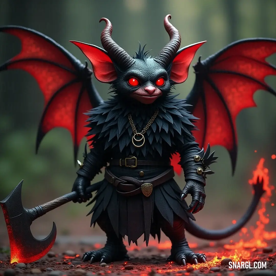 An intimidating black gremlin figure, boasting red eyes and a sinuous tail, wielding a large axe amidst a shadowy, atmospheric forest environment.