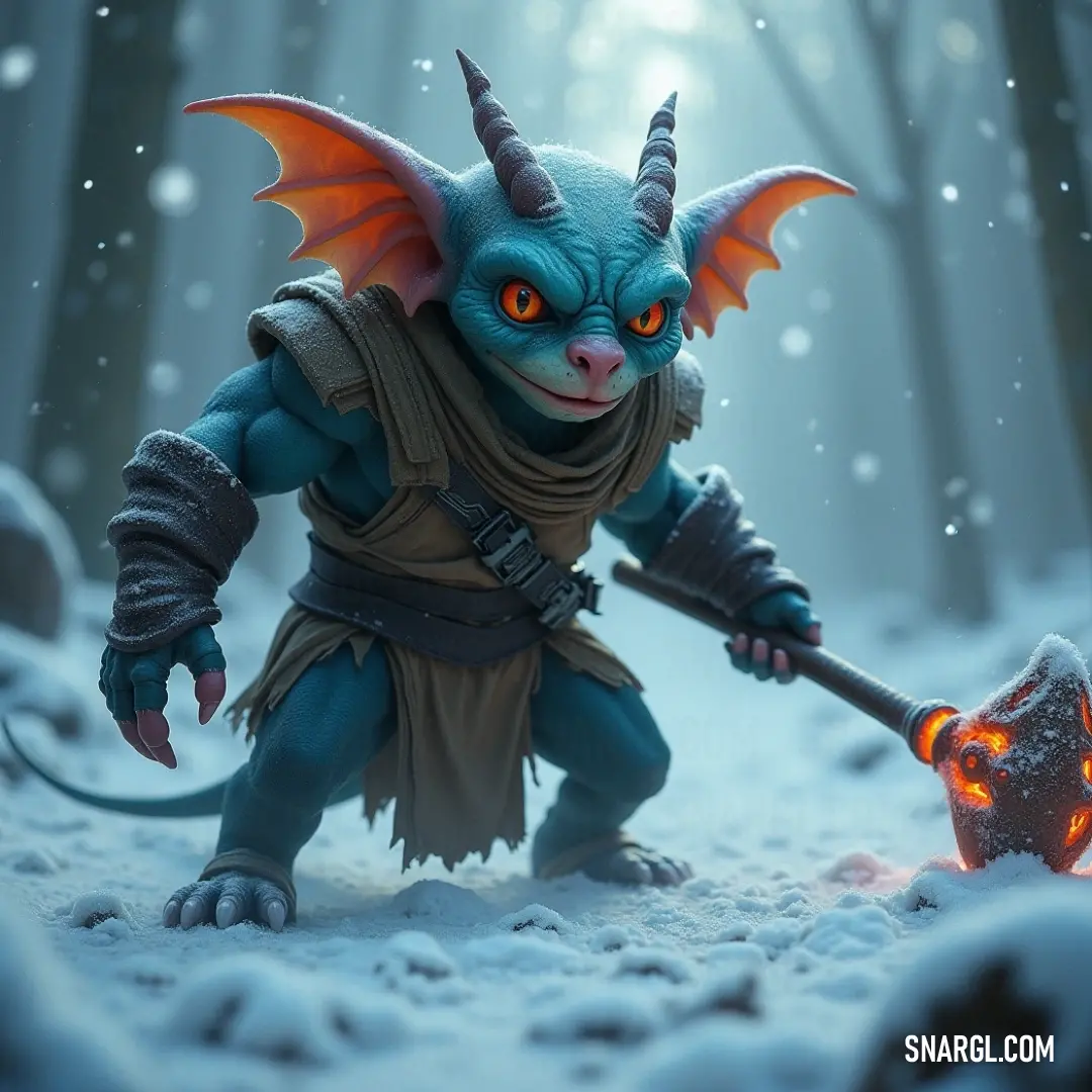 A blue Gremlin with glowing orange eyes holds fire in a snowy forest, surrounded by an ethereal glow from the fire. A blue Gremlin with orange eyes stands in a snowy forest, holding a flickering fire. The glowing orange of the fire contrasts against the icy surroundings, highlighting the creature’s wild appearance.