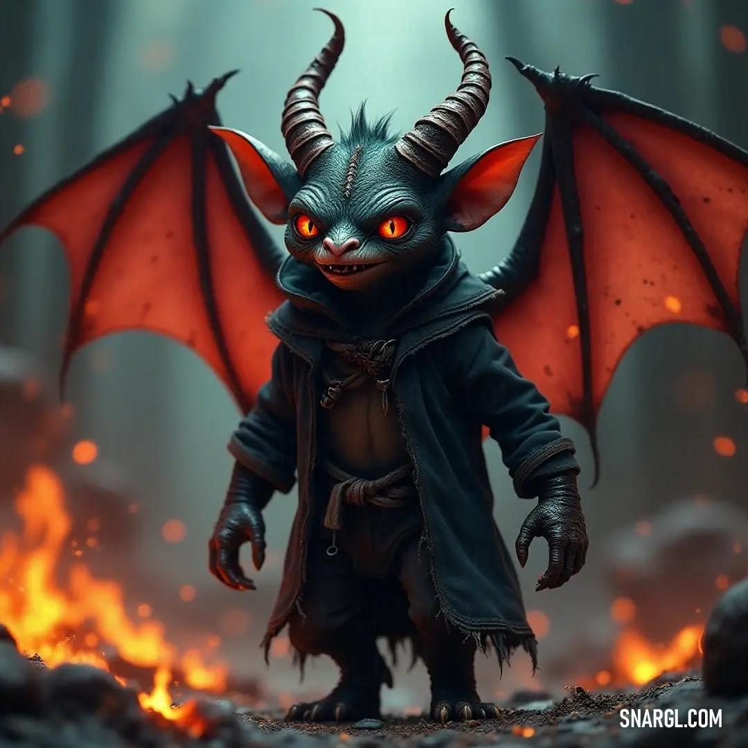 Dramatic image of powerful demonic gremlins adorned with horns and capes, capturing the fiery energy of their surroundings on a rocky terrain. A striking depiction of demonic gremlins with fierce horns and a flowing cape, standing resolutely on rugged rocks, surrounded by dramatic flames that dance in the background.