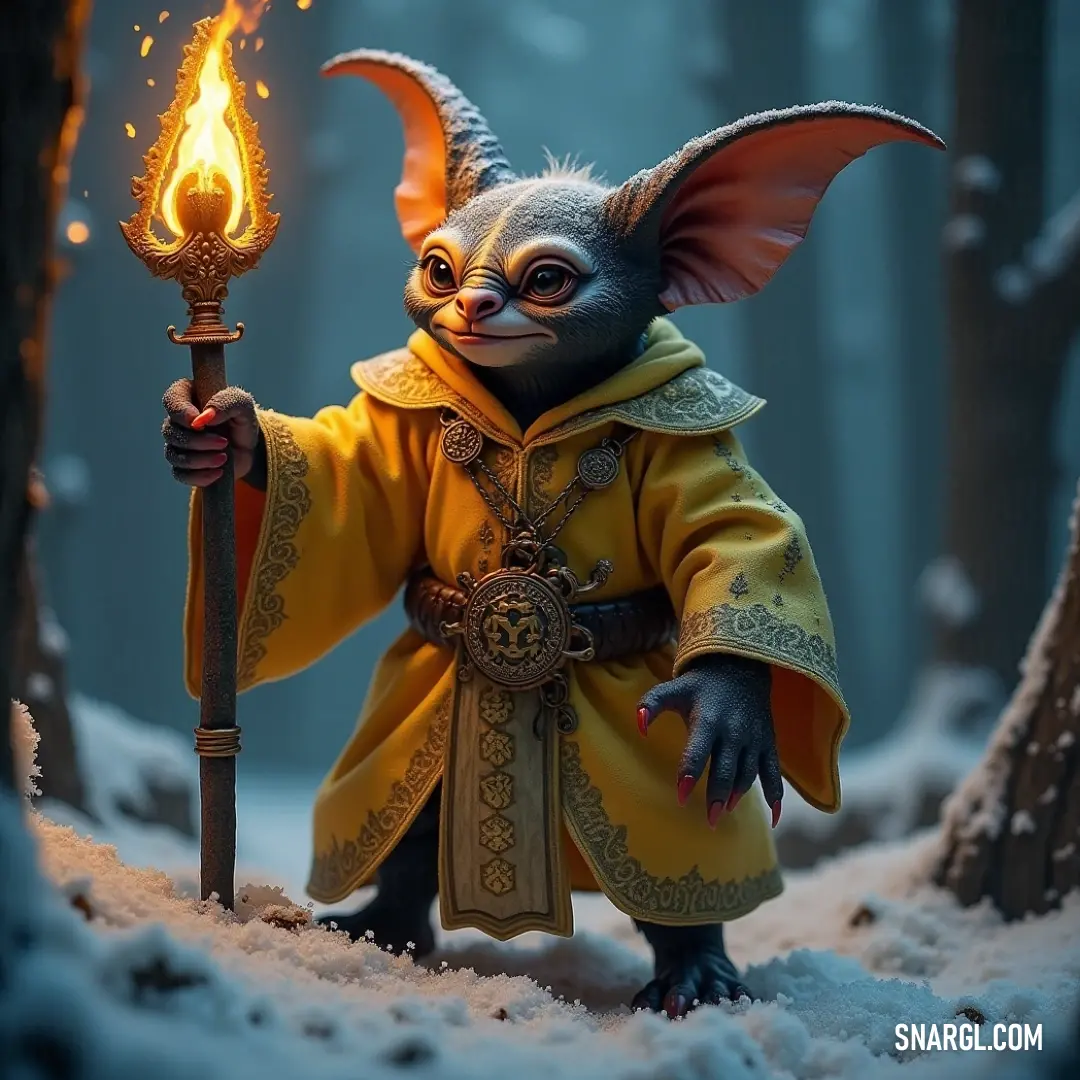 A tiny Gremlin figure, holding a torch, stands in the midst of a snow-covered forest. The snowflakes swirl around, casting a cold, magical glow in the wintry scene.