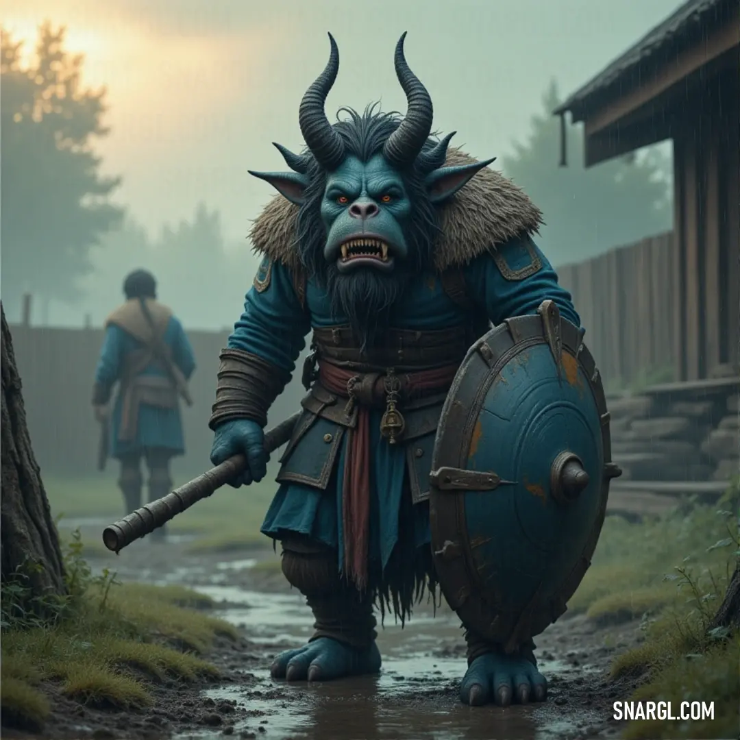 A horned gremlock, armed with a sword and shield, stands in a forest path, ready for combat, its eyes glowing ominously. A formidable gremlock, dressed in a horned helmet and armor, stands in a dark forest path. Armed with a shield and sword, the creature is poised for battle, its eyes glowing with anticipation.