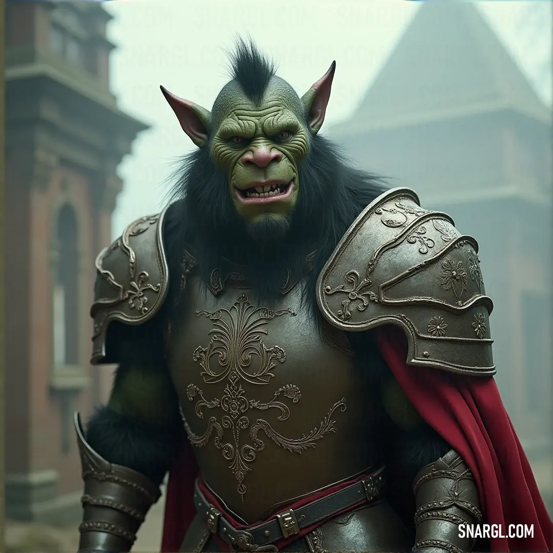 Grendel, clad in heavy armor with a vibrant red cape, stands proudly in front of a grand building, its clock tower looming in the background, an air of authority and power emanating from him.