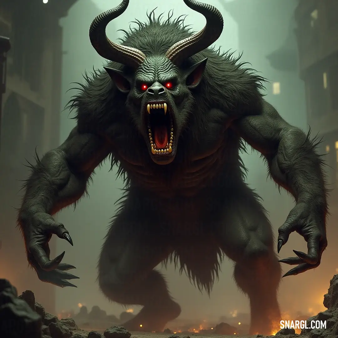 With a cityscape behind him, a striking Grendel with an eerie yet fascinating demeanor showcases his demonic features, including piercing red eyes and twisted horns, bridging the realm of fantasy and urban life.