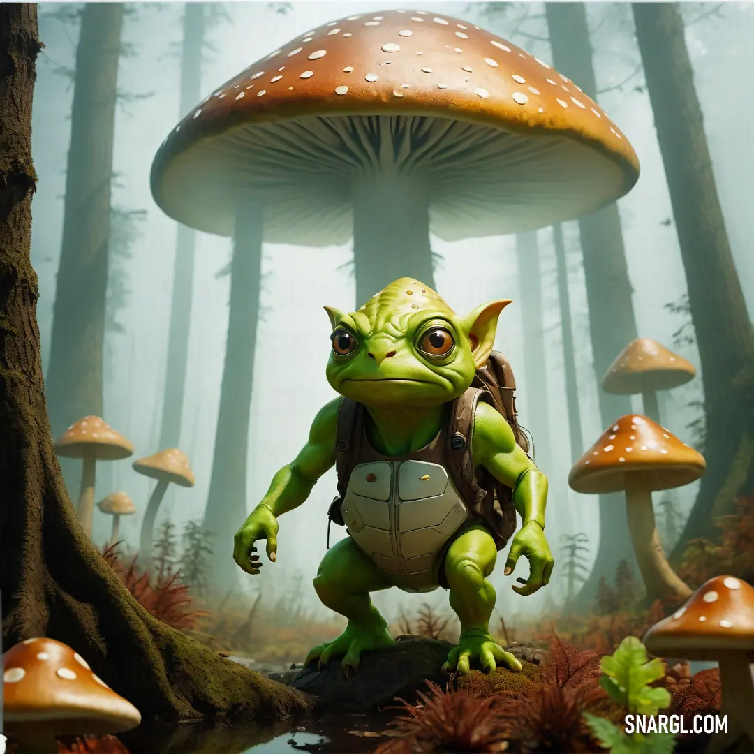 Gretchin is standing in the woods with a turtle in front of a mushroom - like area with mushrooms