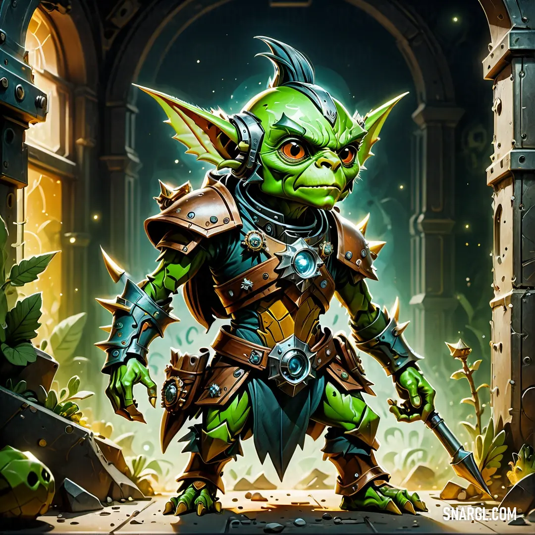 Gretchin with a green and orange outfit and a sword in his hand