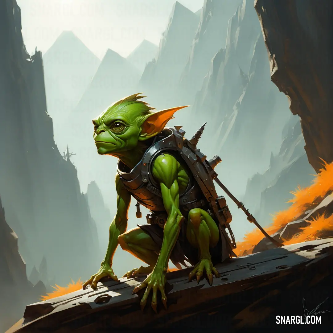 Green Gretchin with a backpack on top of a rock formation in a mountainous area with orange flames coming from its back