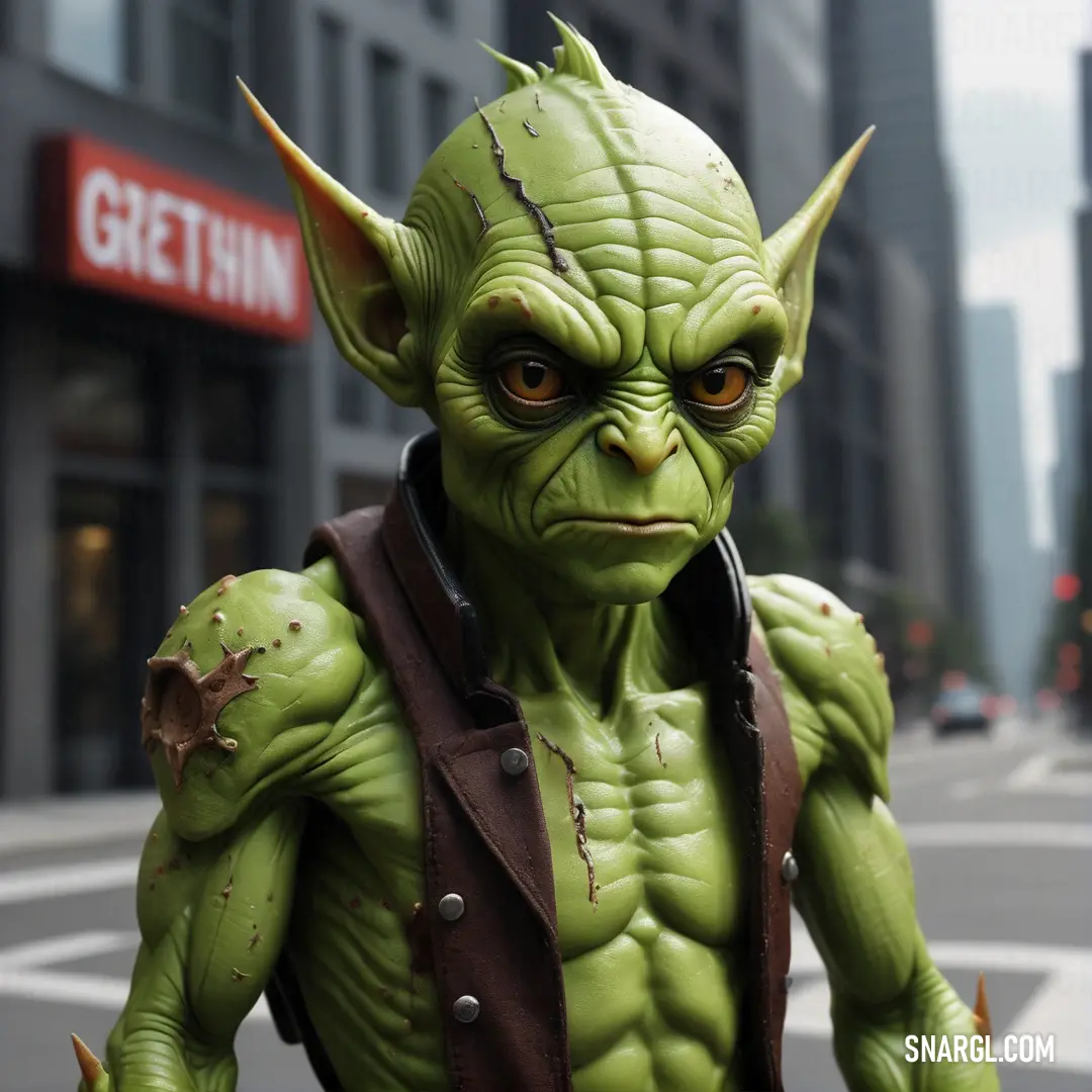 Green Gretchin with a brown vest and a brown vest on a city street with buildings in the background