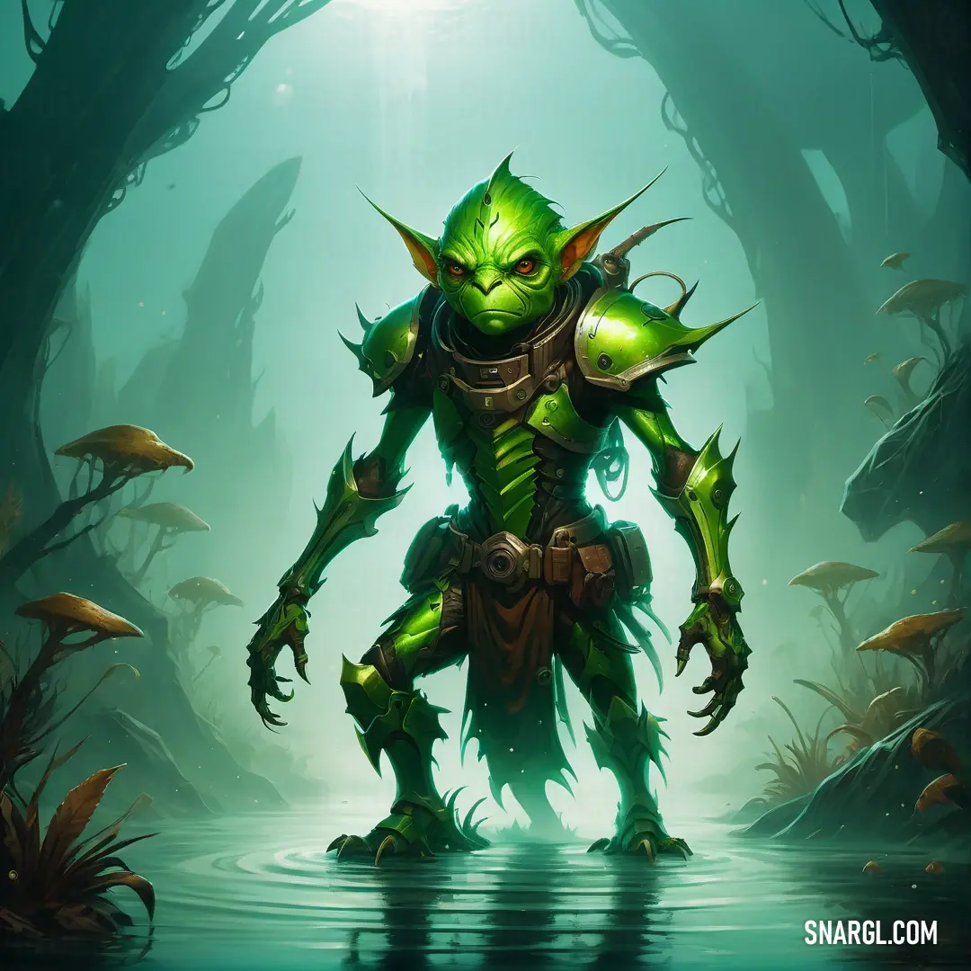 Green Gretchin with horns and a helmet on standing in a swampy area with plants and trees around