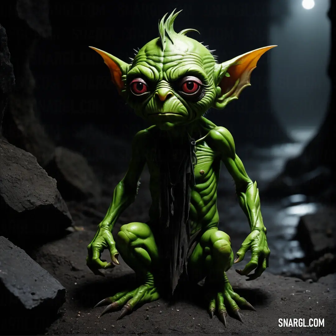 Green Gretchin with red eyes and a knife in its hand in a cave with a light shining on it