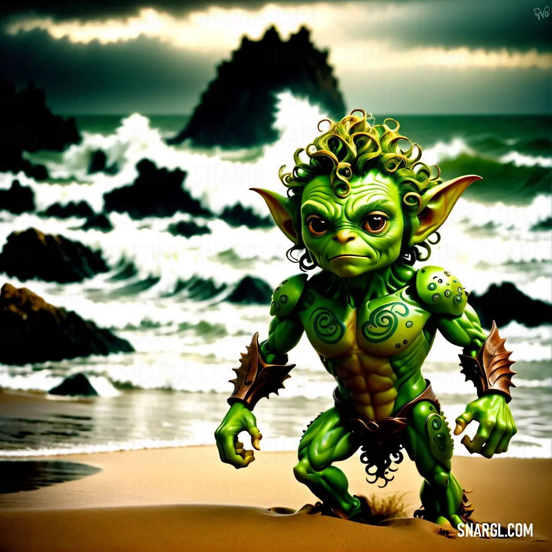 Green troll standing on a beach next to the ocean with waves crashing in the background