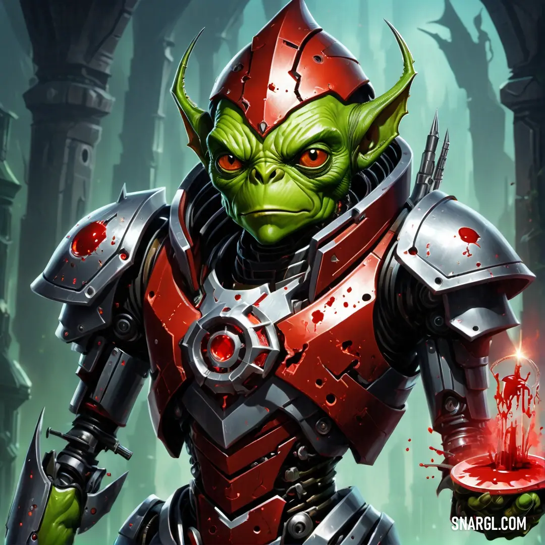 Painting of a Gretchin with a bloody face and a green body holding a knife and a red object