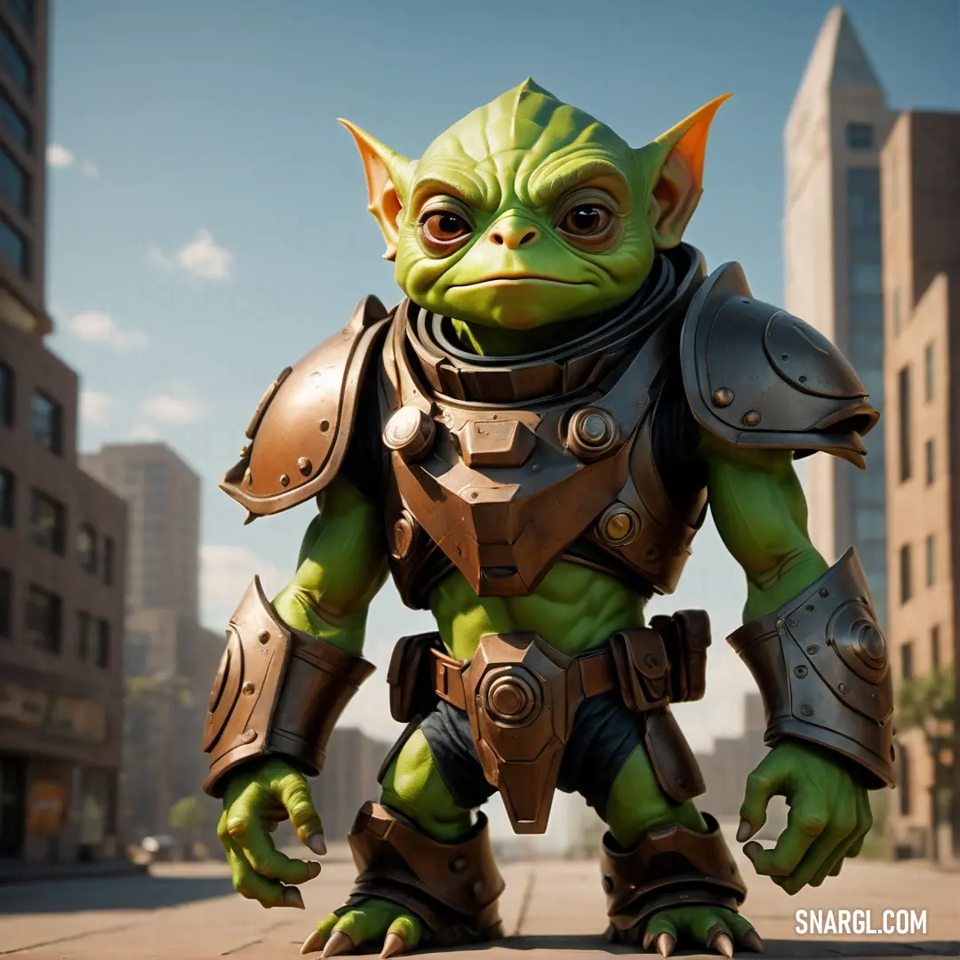 Toy figure of a Gretchin with armor and a helmet on a city street with buildings in the background
