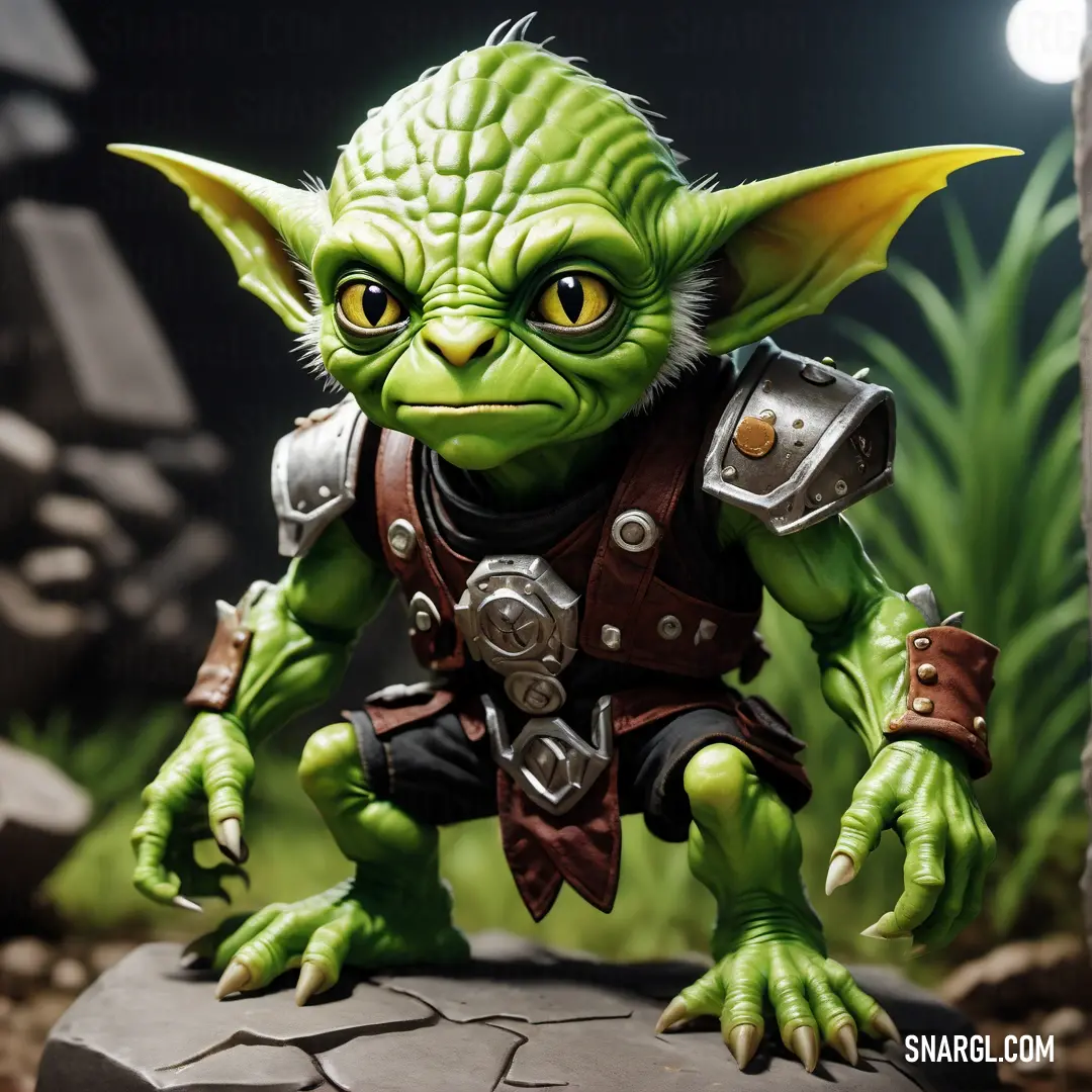Toy figure of a green Gretchin with a helmet and armor on it's face and hands
