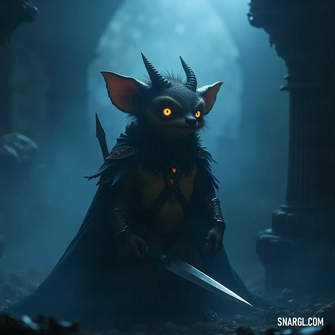 The resolute Grex stands amidst the darkness, a warrior prepared to face the unseen dangers lurking within the cave's shadows. In a dark cave illuminated by the glow of its eyes, a Grex brandishes a sword, donned in a flowing cloak, embodying the essence of bravery amidst the unknown depths.