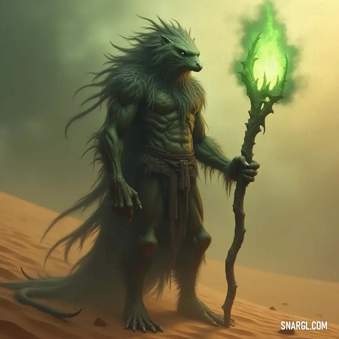 A shadowy Grey Seer with a glowing green aura and a commanding staff, exploring the stark beauty of a sun-drenched desert. A mysterious Grey Seer cloaked in shadows, with a glowing green light illuminating its head and a staff grasped tightly, navigates the desolate sands of a vast desert under the intensity of a scorching sun.