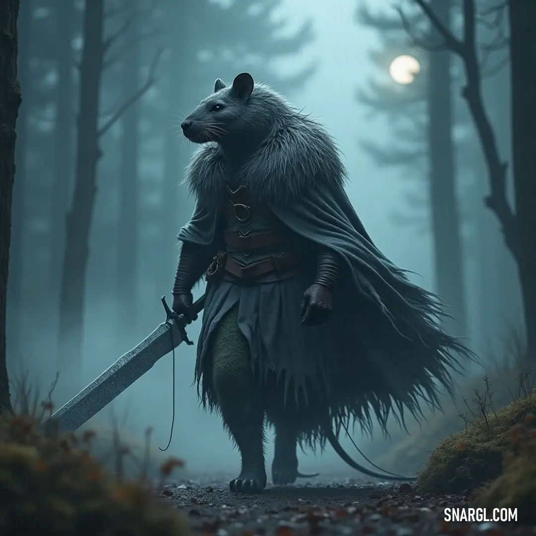 Grib, clad in a bear outfit and armed with a large knife, stands bravely in a mist-covered forest. Grib, dressed in a bear outfit, stands in the heart of a misty forest, gripping a large knife in one hand, ready for any challenge that the wilderness might present.