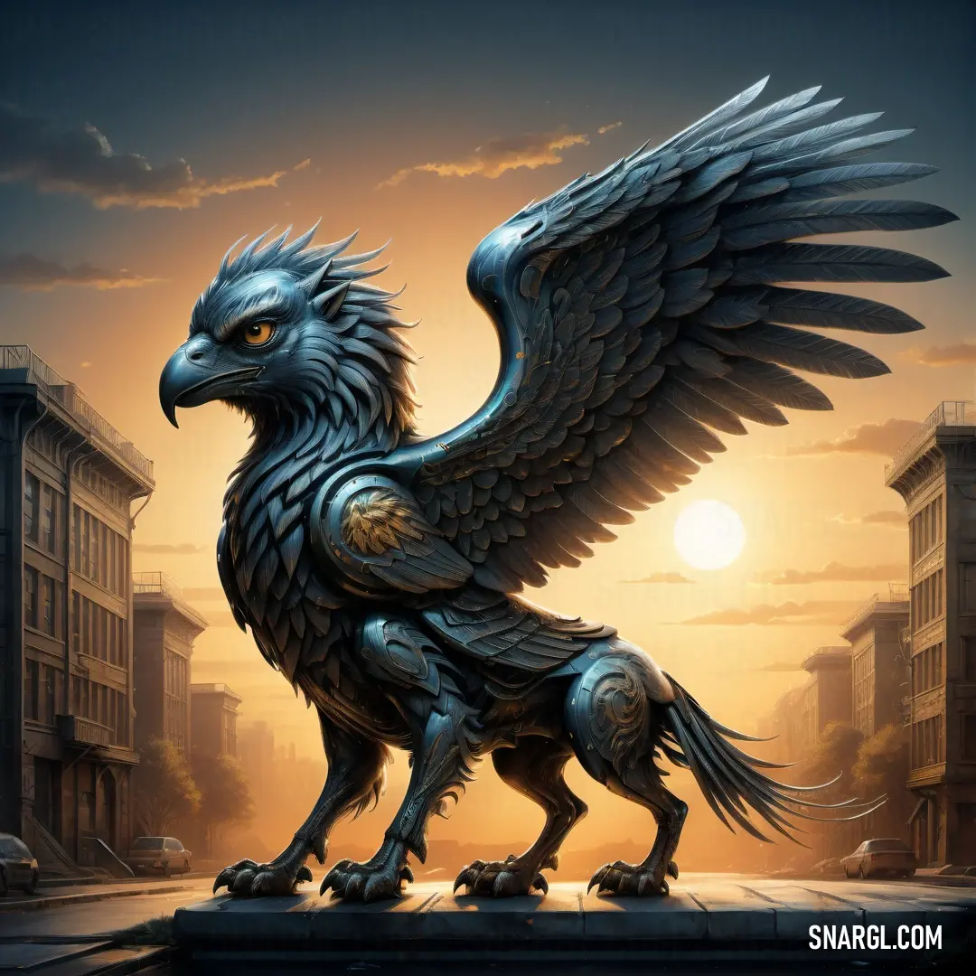 Griffin statue is shown in front of a sunset sky with buildings