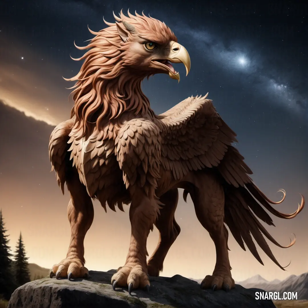 Griffin with a large beak standing on a rock in the night sky with stars and clouds above it