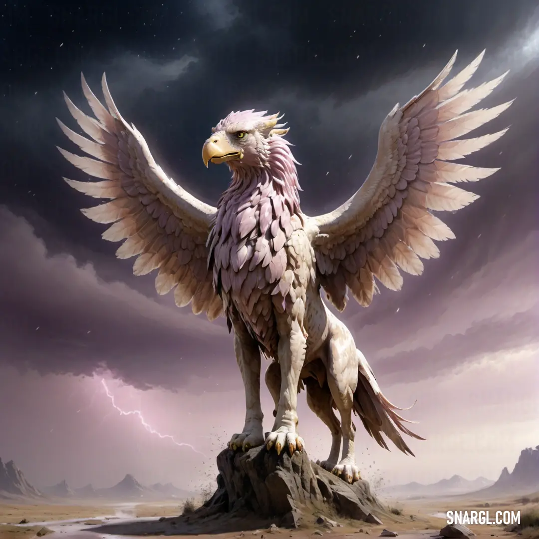 Griffin with a large wing standing on a rock in the desert with a lightning in the background