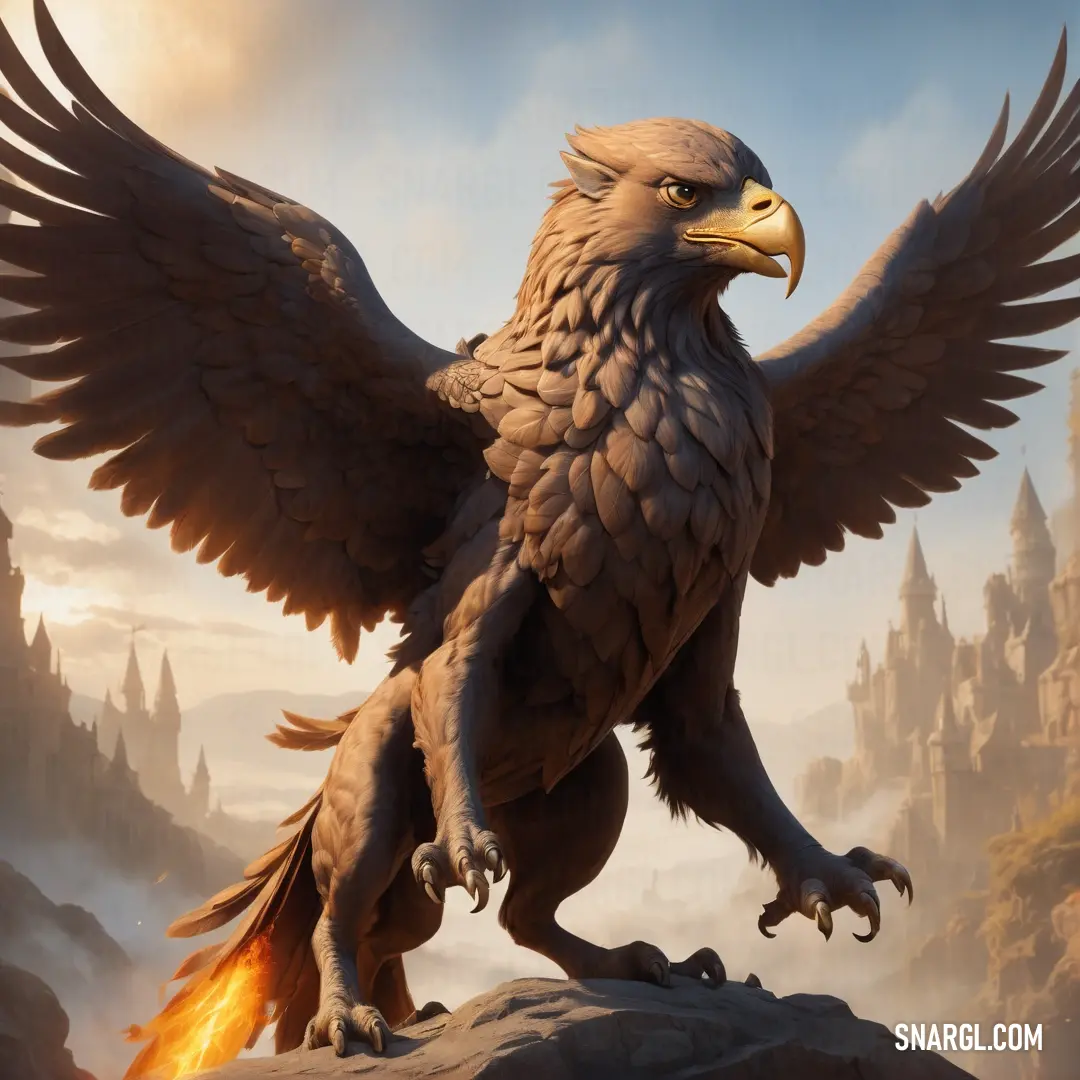 Griffin with a large wing and a flame in its beak is standing on a rock with a mountain in the background
