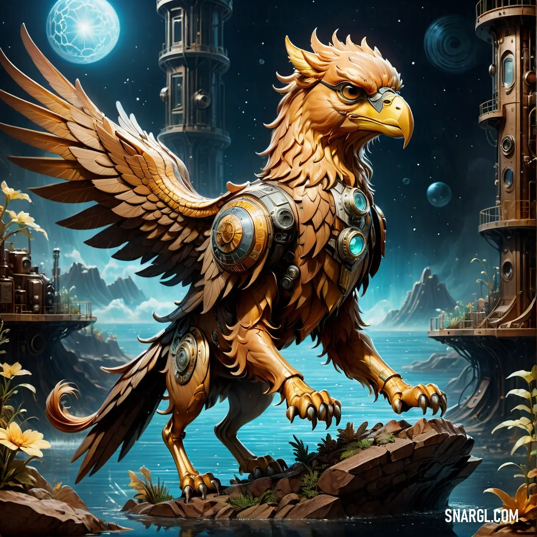 Golden eagle standing on a rock in front of a castle and a body of water with a moon in the background