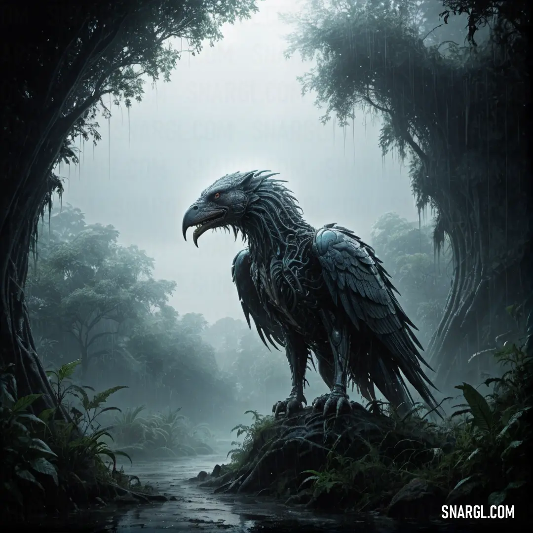 Large Griffin standing on top of a lush green forest covered in trees and bushes