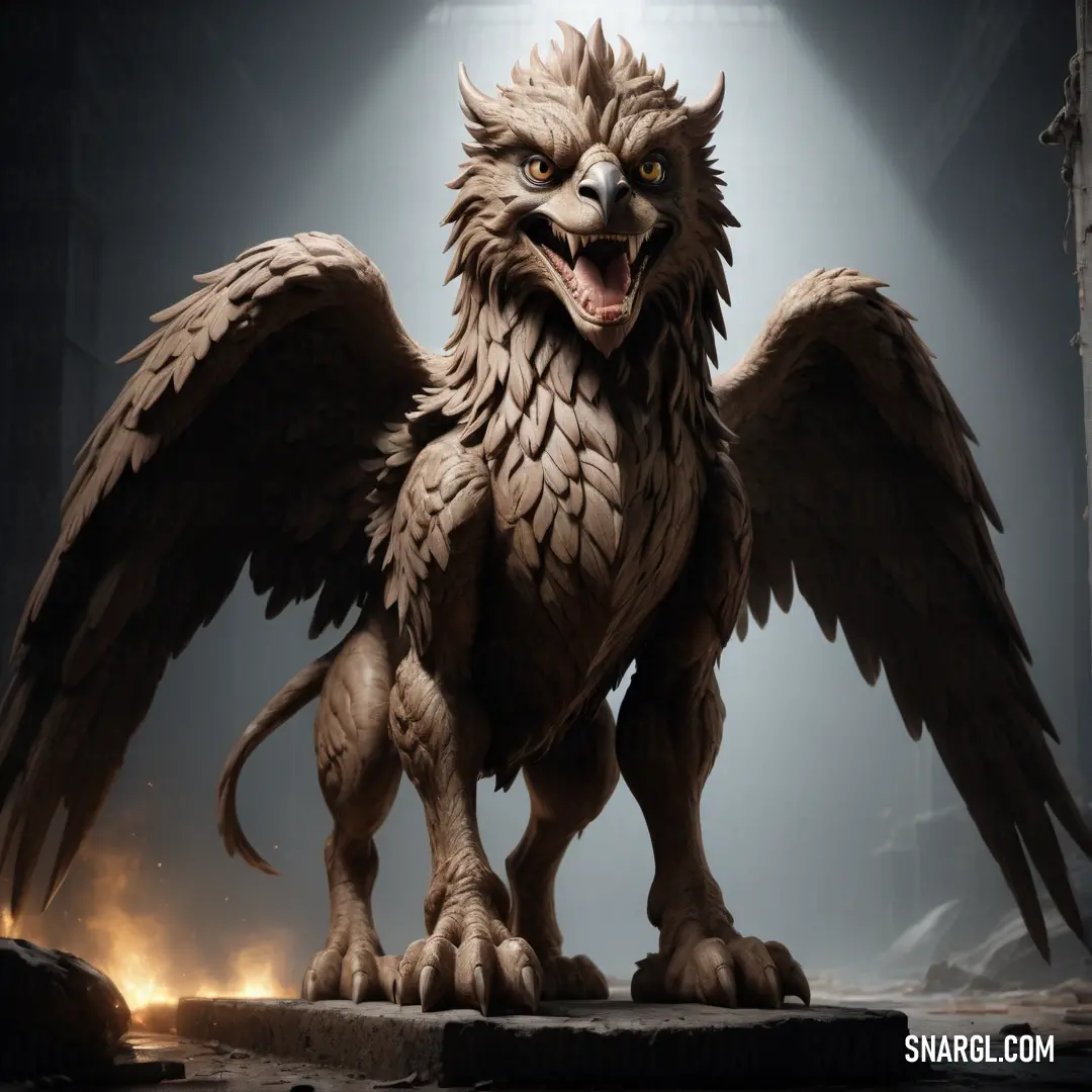 Large bird with large wings standing on a platform in a dark room with a light shining on it